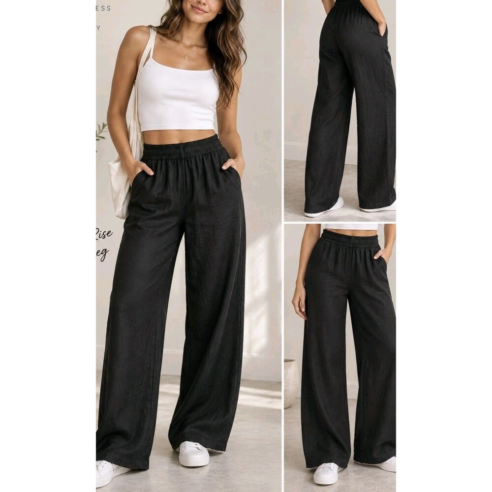 Old Navy Womens High-Rise Wide Leg Linen Blend Pants Size M Black NWT